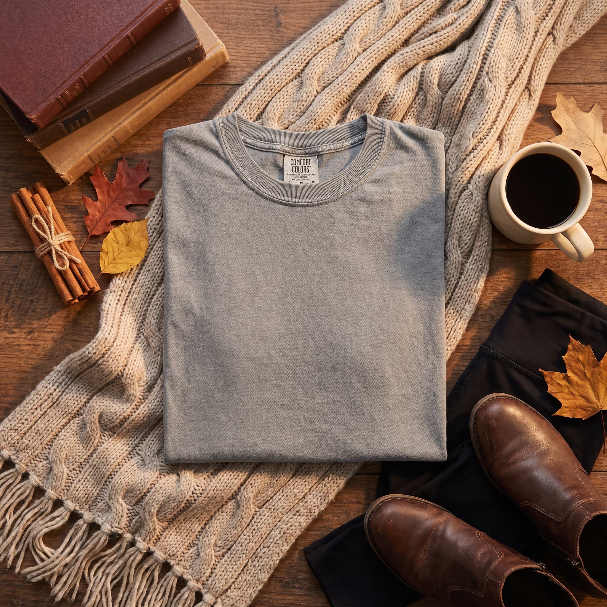 Red Comfort Colors 1717 t-shirt in a winter flat lay with a knit scarf, socks, beanie and coffee — chest panel completely empty