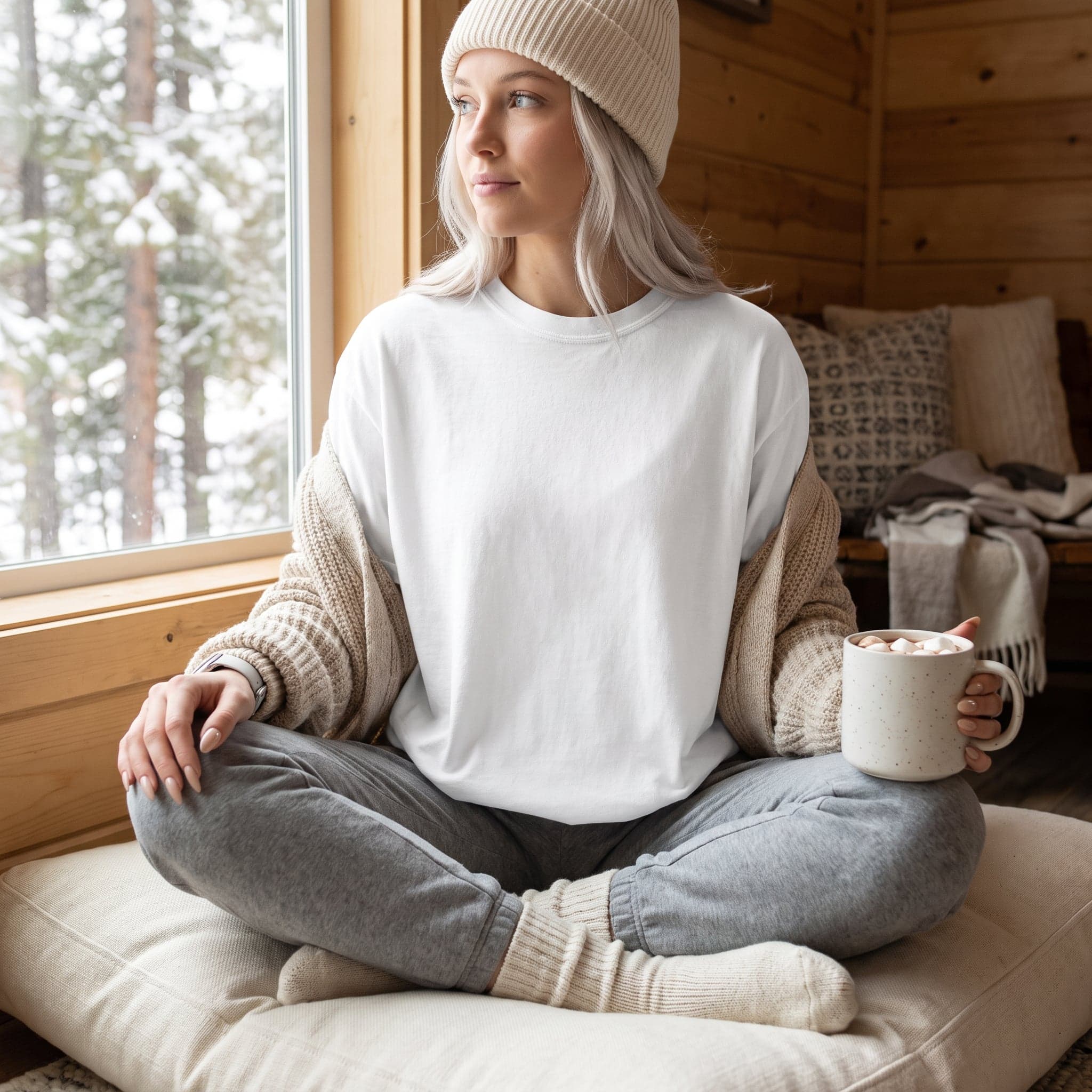 Comfort Colors 1717 t-shirt mockup in White — winter-themed shot, chest panel left clean