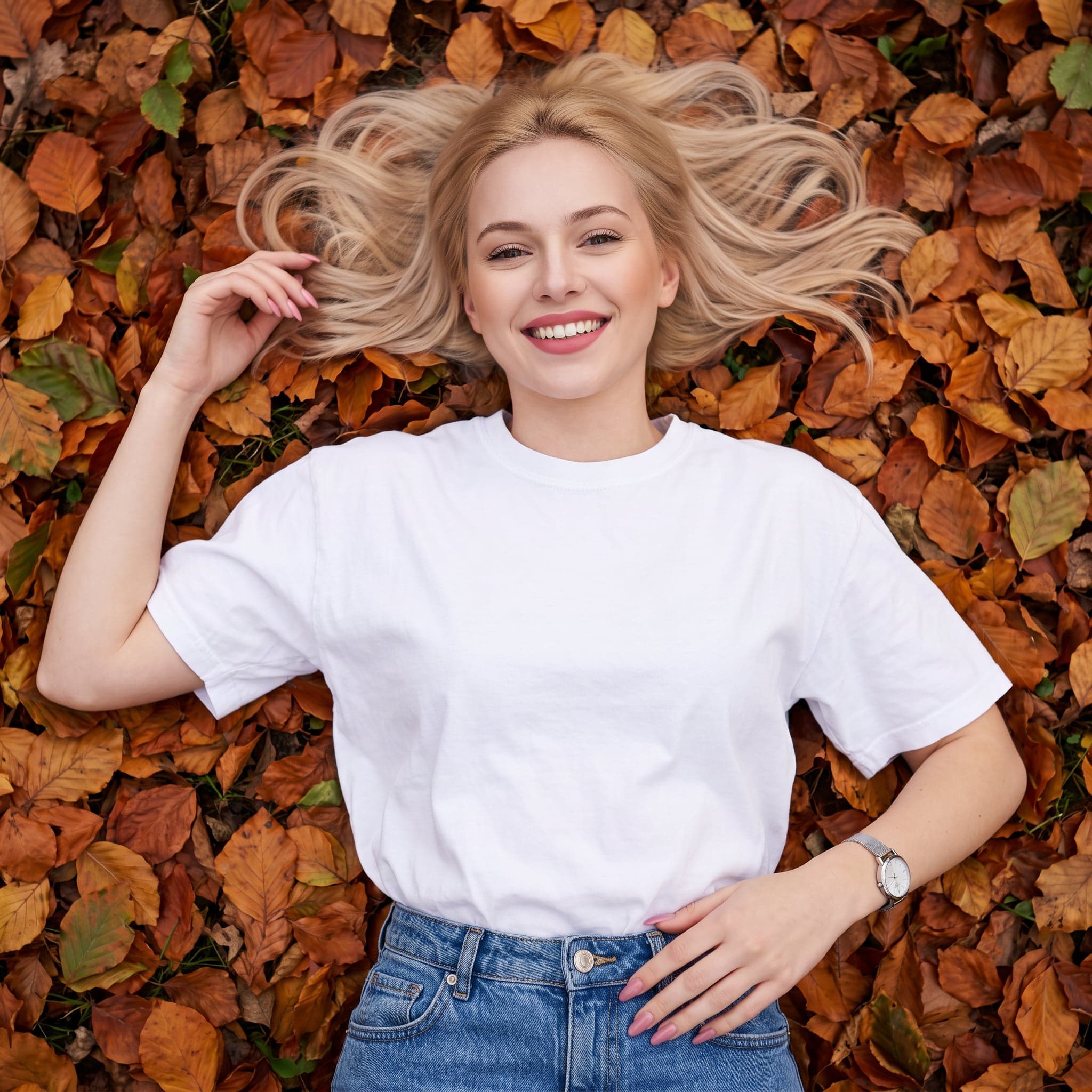 Comfort Colors 1717 t-shirt mockup in White — autumn-themed shot, chest panel left clean
