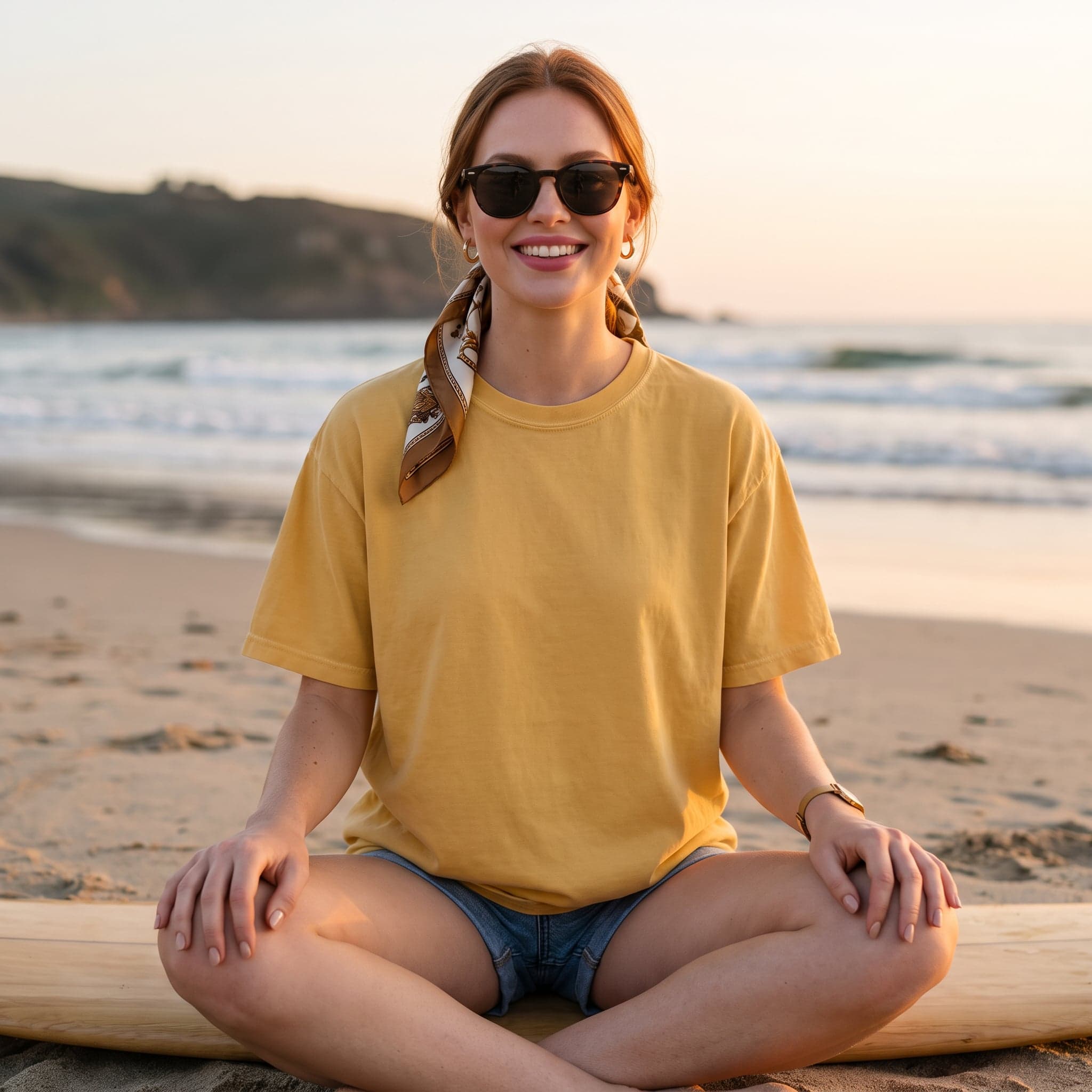 Comfort Colors 1717 t-shirt mockup in Mustard — summer-themed shot, chest panel left clean