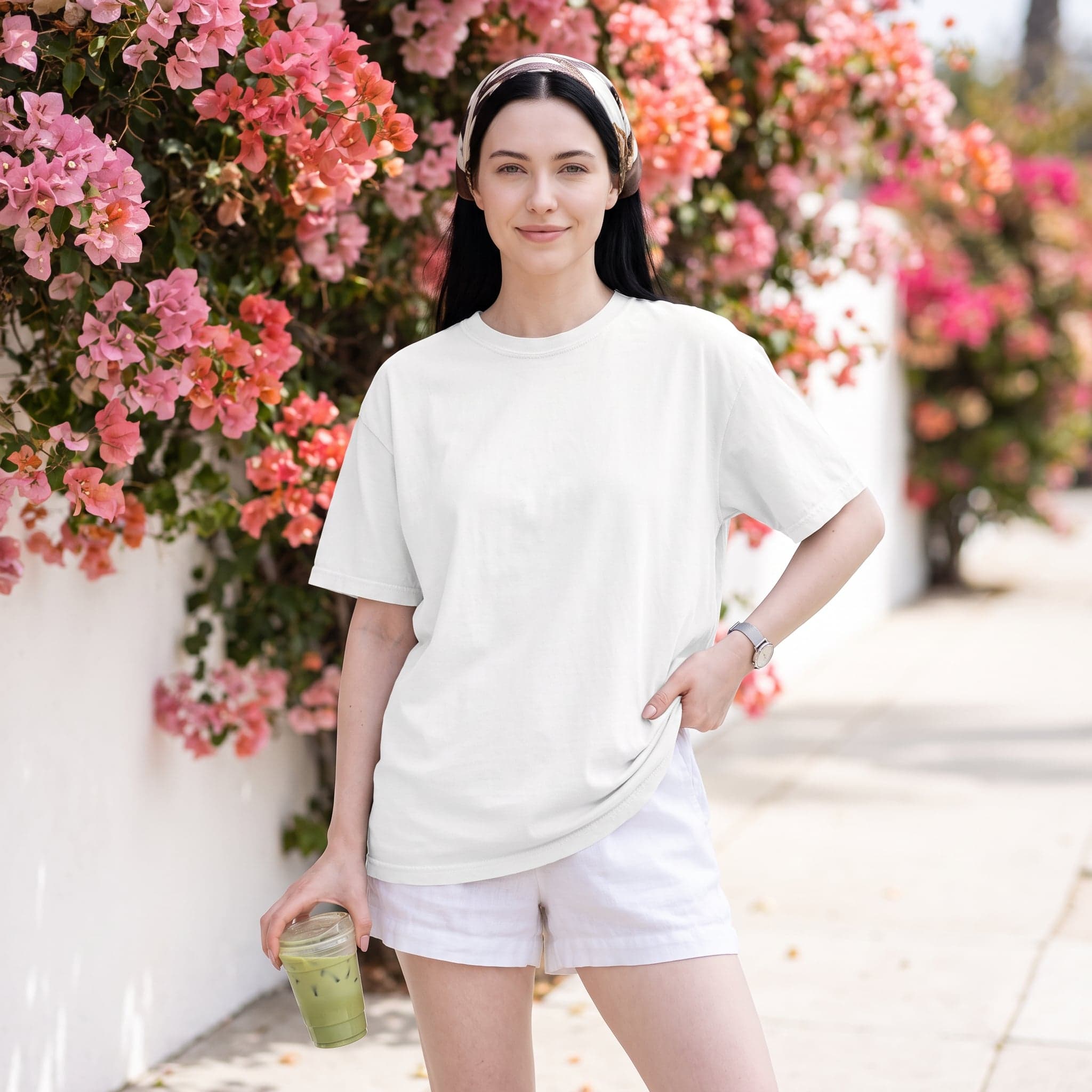 Comfort Colors 1717 t-shirt mockup in White — spring-themed shot, chest panel left clean