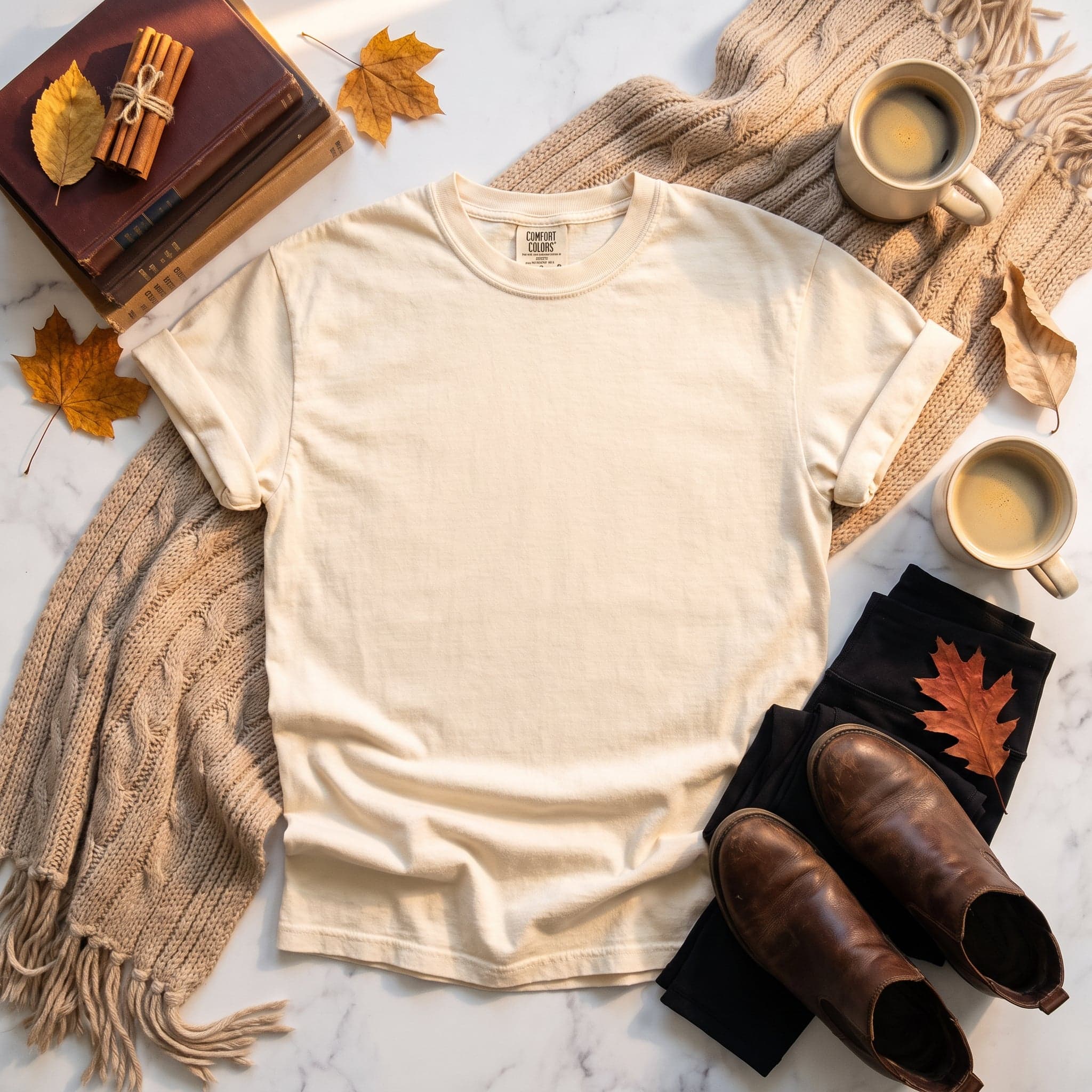 Comfort Colors 1717 t-shirt mockup in Butter — autumn-themed flat lay shot, chest panel left clean