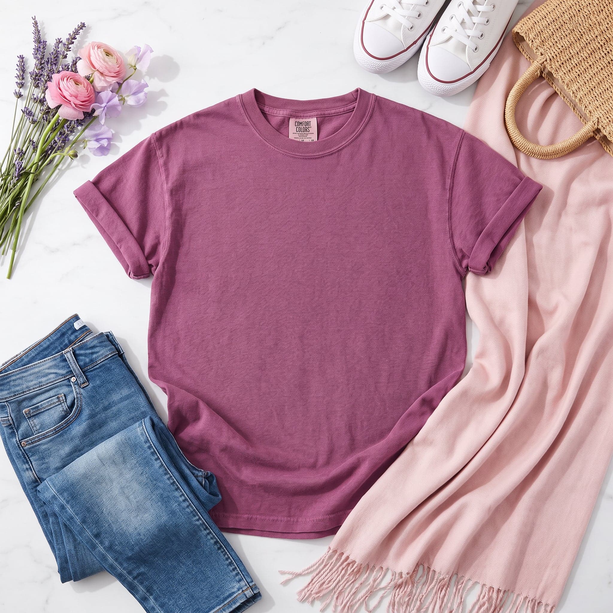 Comfort Colors 1717 t-shirt mockup in Berry — spring-themed flat lay shot, chest panel left clean