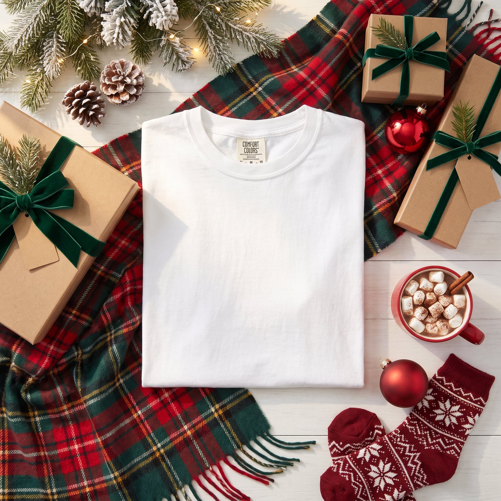 Comfort Colors 1717 t-shirt mockup in White — Christmas-themed flat lay shot, chest panel left clean